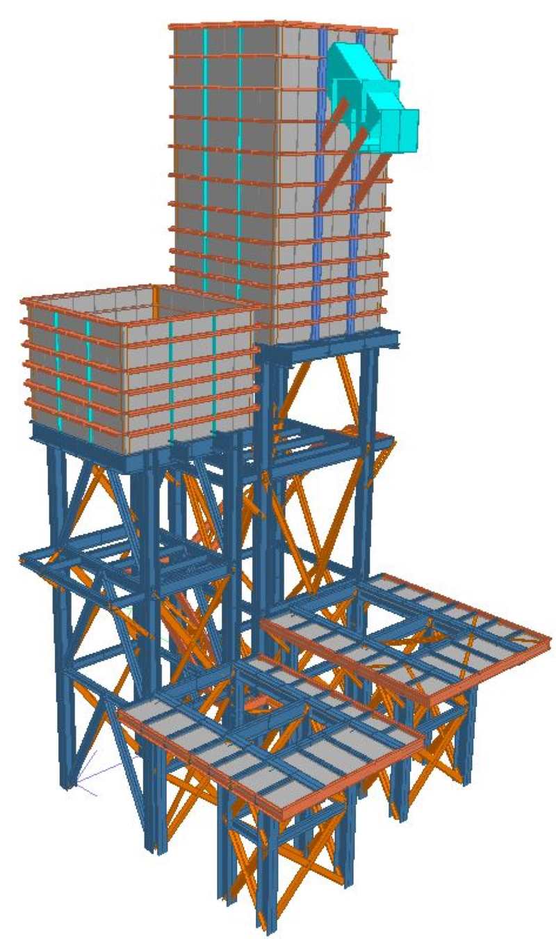 Combined model of two crusher supports and their surge bins, screen support frame with adjacent stair access tower models