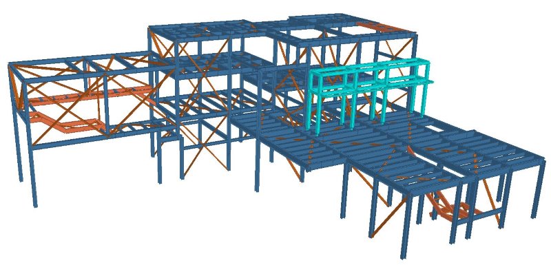 Steel Structure Supporting 4 mixers support Feed Hoppers, 2 conveyers, color staitons and other auxiliary equipment structure 3d extruded view