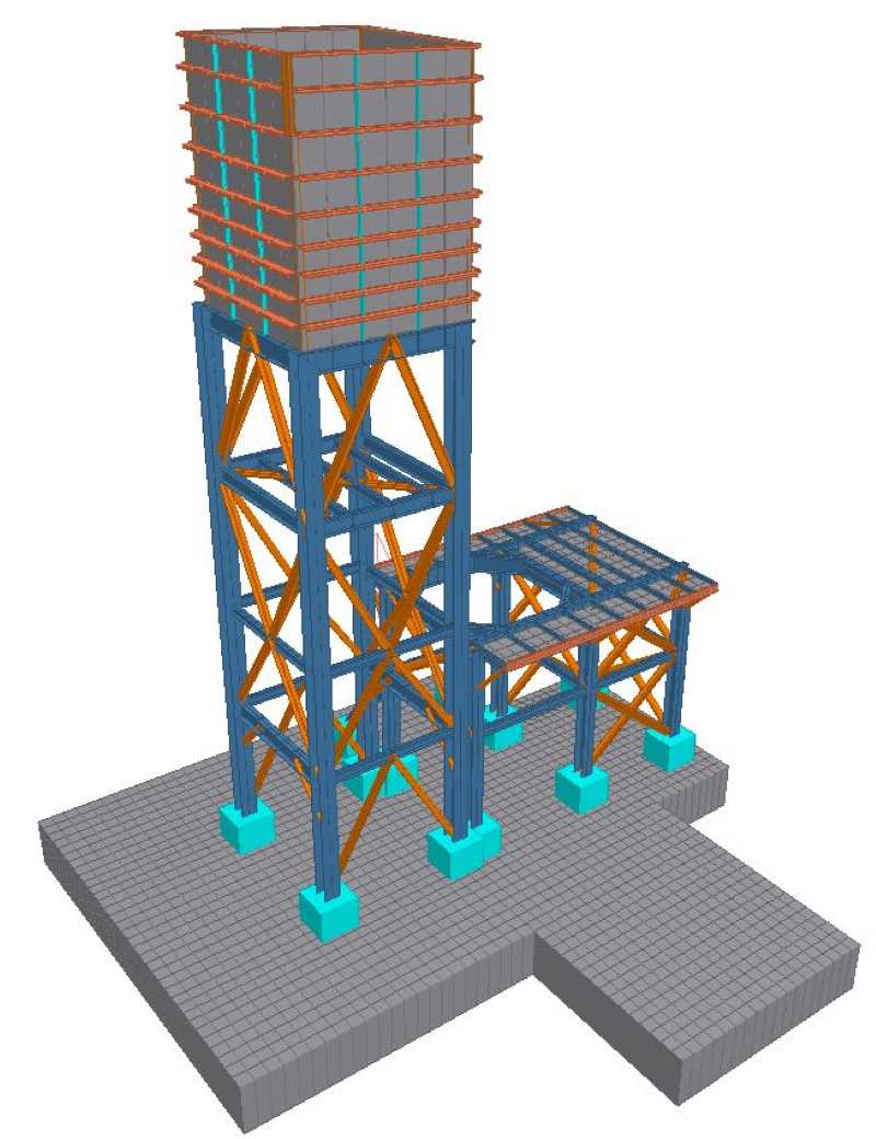 combined analysis model of the diamond processing plant crusher support, crusher surge bin and mat foundation