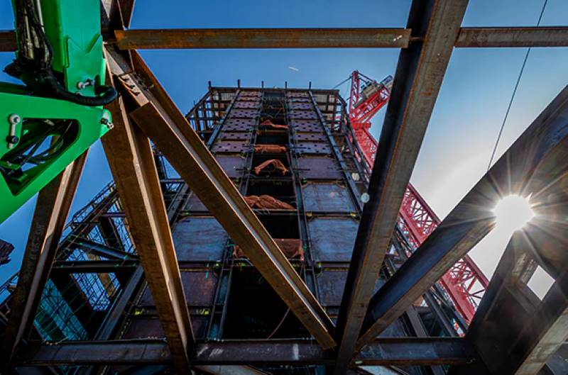 Office tower podium look up installation