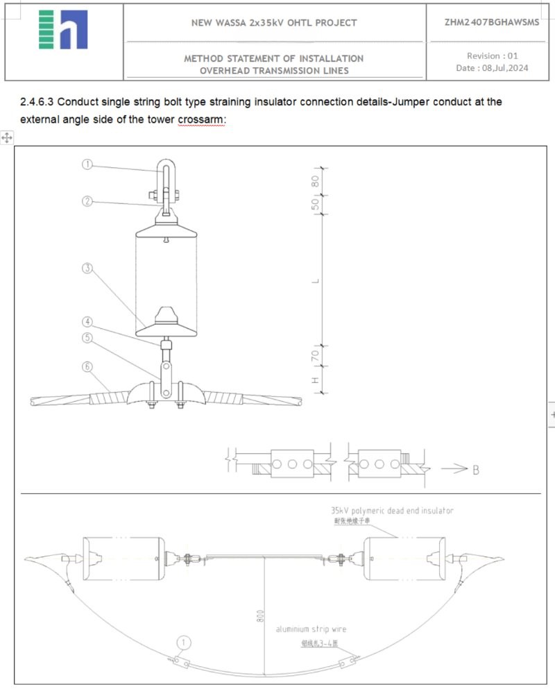 Strain Angle Tension Towers | Overhead Line Power Transmission Lines:Jumper Conduct At the external angle side and Earthing Strand wire Connections with Steel Crossarms