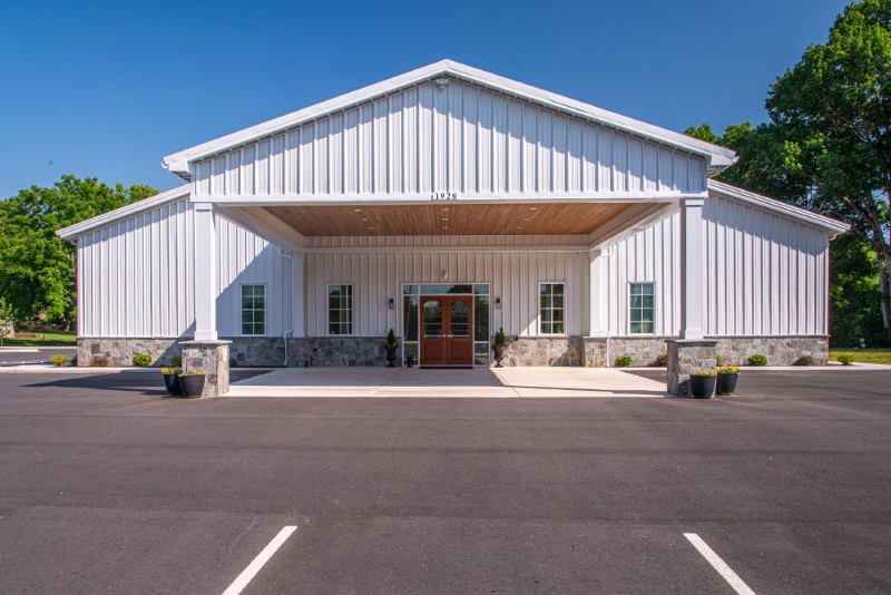 steel Church Building front side door view