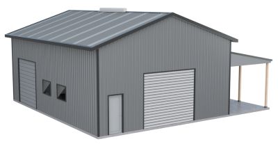 Grey building with leanto carport