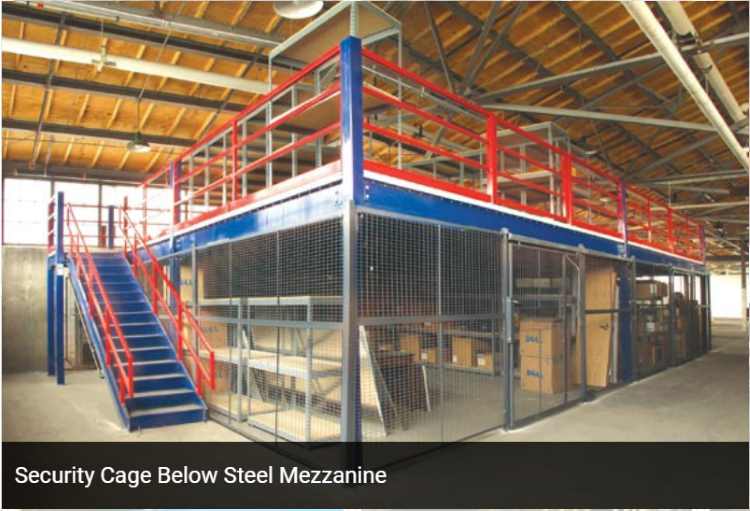 Warehouse_Steel_Mezzanine_Platform_Multi-Level_18_Security-cage-below-steel-mezzanine